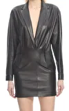 Resim Siyah Uzun Kol Ceket Yaka Deri Mini Boy Elbise