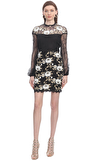 Resim Siyah Çiçek Desenli Uzun Kol Sıfır Yaka Mini Boy Elbise
