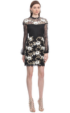 Resim Siyah Çiçek Desenli Uzun Kol Sıfır Yaka Mini Boy Elbise