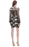 Resim Siyah Çiçek Desenli Uzun Kol Sıfır Yaka Mini Boy Elbise