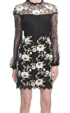 Resim Siyah Çiçek Desenli Uzun Kol Sıfır Yaka Mini Boy Elbise