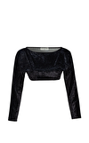 Resim Siyah Uzun Kol Geniş Yaka Crop Bluz