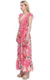 Resim Pembe Çiçek Desenli Kolsuz Deriv V Yaka Pamuk Maksi Boy Uzun Elbise