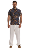 Resim Lacivert Yaprak Desenli Kısa Kollu Pamuk Gömlek