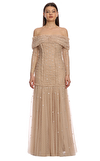 Resim Bej Pul Payetli Uzun Kol Straplez Yaka Maksi Boy Elbise