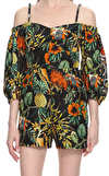 Resim Çok Renkli Tropikal Desenli Balon Kollu Keten - İpek Karışımlı Tulum