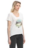 Resim Beyaz Baskılı Kap Kol Sıfır Yaka Pamuk Kadın T-Shirt