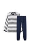 Resim Çok Renkli Çizgili Uzun Kol Yuvarlak Yaka Pamuk Erkek Pijama Takımı