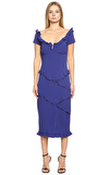 Resim Mavi Büzgü Detaylı Kısa Kol Derin V Yaka Midi Boy Elbise