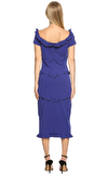 Resim Mavi Büzgü Detaylı Kısa Kol Derin V Yaka Midi Boy Elbise