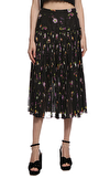 Resim Siyah Çiçek Desenli Piliseli Normal Bel Midi Etek