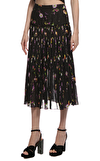 Resim Siyah Çiçek Desenli Piliseli Normal Bel Midi Etek