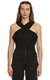 Resim Siyah Sıfır Kol Çapraz Halter Yaka Bluz