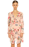 Resim Pudra Rengi Çiçek Desenli Uzun Kol V Yaka İpek Mini Boy Elbise