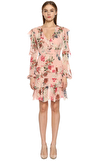 Resim Pudra Rengi Çiçek Desenli Uzun Kol V Yaka İpek Mini Boy Elbise