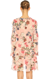 Resim Pudra Rengi Çiçek Desenli Uzun Kol V Yaka İpek Mini Boy Elbise
