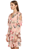 Resim Pudra Rengi Çiçek Desenli Uzun Kol V Yaka İpek Mini Boy Elbise