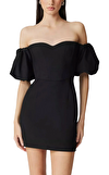 Resim Siyah Düşük Omuz Kalp Yaka Mini Boy Elbise