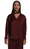 Resim Bordo Fular Detaylı Uzun Kol V Yaka Bluz