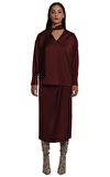 Resim Bordo Fular Detaylı Uzun Kol V Yaka Bluz