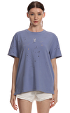 Resim Mavi Logo Baskılı Kısa Kollu Bisiklet Yaka Pamuklu Kadın T-Shirt