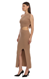 Resim Kahverengi Tek Omuz Asimetrik Yaka Maksi Boy Elbise