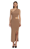 Resim Kahverengi Tek Omuz Asimetrik Yaka Maksi Boy Elbise