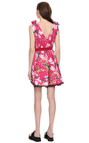 Resim Fuşya Çiçek Desenli Kolsuz V Yaka Mini Boy Kadın Mini Elbise