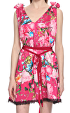 Resim Fuşya Çiçek Desenli Kolsuz V Yaka Mini Boy Kadın Mini Elbise