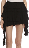 Resim Siyah Asimetrik Kesim Volanlı Normal Bel Mini Etek