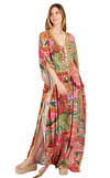 Resim Çok Renkli Karışık Desenli Yarasa Kol V Yaka Maksi Boy Elbise