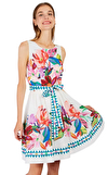 Resim Çok Renkli Çiçek Desenli Kolsuz Oval Yaka Mini Boy Elbise