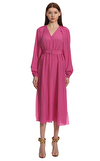 Resim Pembe Uzun Kol V Yaka Midi Boy Elbise