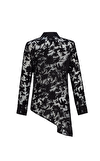 Resim Siyah Çiçek Desenli Asimetrik Kesim Transparan Gömlek