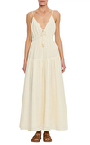 Resim Krem Rengi Askılı V Yaka Pamuk Maksi Boy Elbise