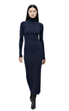 Resim Lacivert Uzun Kol Boğazlı Maksi Boy Elbise