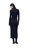 Resim Lacivert Uzun Kol Boğazlı Maksi Boy Elbise