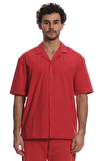 Resim Kırmızı Düz Desenli Oversize Fit Kısa Küba Yaka Pamuk Gömlek