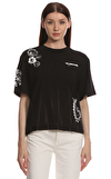 Resim Siyah Karışık Desenli Kısa Kollu Bisiklet Yaka Pamuk Kadın T-Shirt
