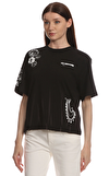 Resim Siyah Karışık Desenli Kısa Kollu Bisiklet Yaka Pamuk Kadın T-Shirt