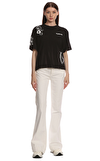 Resim Siyah Karışık Desenli Kısa Kollu Bisiklet Yaka Pamuk Kadın T-Shirt