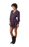 Resim Mor Karışık Desenli Uzun Kol V Yaka Mini Boy Elbise