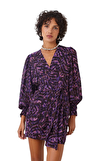 Resim Mor Karışık Desenli Uzun Kol V Yaka Mini Boy Elbise