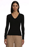Resim Siyah Uzun Kol V Yaka İpek Karışımlı Bluz