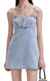 Resim Mavi Askılı Düz Yaka Mini Boy Elbise