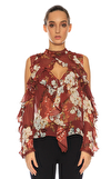 Resim Çok Renkli Çiçek Desenli Uzun Kol Yarım Balıkçı Yaka Saten Bluz