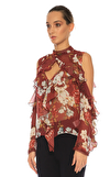 Resim Çok Renkli Çiçek Desenli Uzun Kol Yarım Balıkçı Yaka Saten Bluz