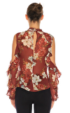 Resim Çok Renkli Çiçek Desenli Uzun Kol Yarım Balıkçı Yaka Saten Bluz