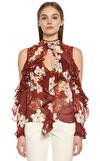 Resim Çok Renkli Çiçek Desenli Uzun Kol Yarım Balıkçı Yaka Saten Bluz