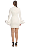 Resim Krem Rengi Uzun Kol Yuvarlak Yaka Mini Boy Kadın Mini Elbise